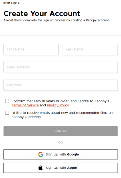 Kanopy screen: Create Your Account with fields for first and last name, email address, and password