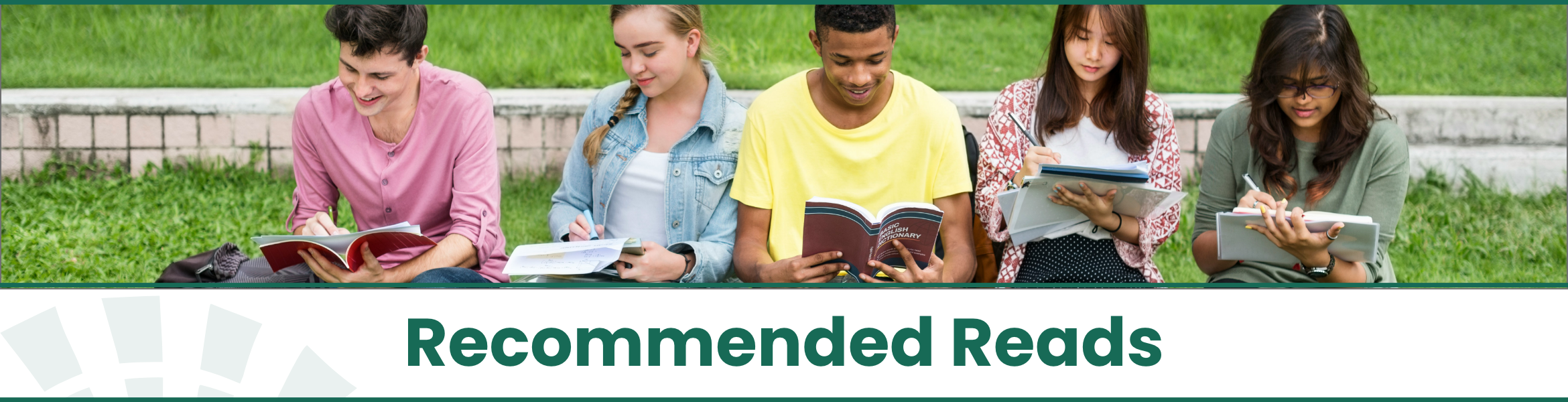 Recommended Reads header showing a group of five people sitting outside, each with an open book or tablet