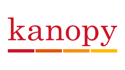 Kanopy database logo. 'Kanopy' is lowercase and in red text. Four lines under the text going from red to orange to yellow from left to right.