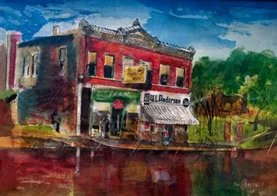 Painting of a red building