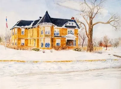 Painting of a yellow building in snow