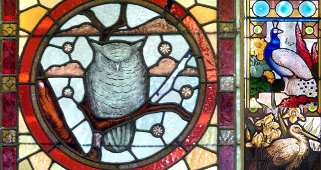 Stained Glass Windows collage showing three different stained glass pieces: one depicting an owl, one a peacock, and one a crane