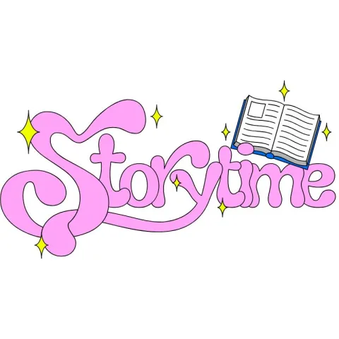 Storytime in pink bubble letters and an open book