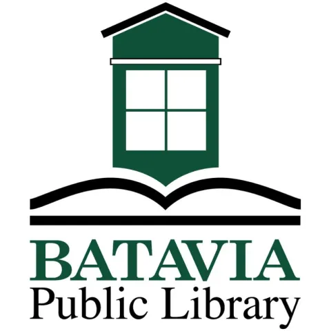 Window over an open book and text reading 'Batavia Public Library'