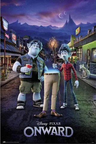 Ian, Barley, and the legs of their father stand in a fantasy setting. Movie poster for Disney Pixar's "Onward."