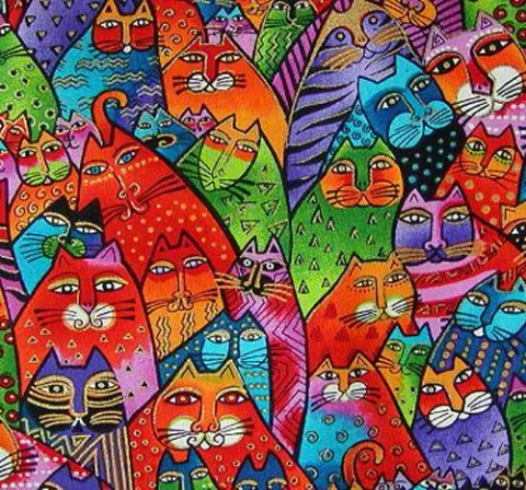 A multitude of colorful cats with crazy patterns and humanoid eyes. 