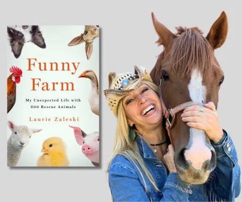Author Laurie Zaleski with a horse and the cover of her book, Funny Farm