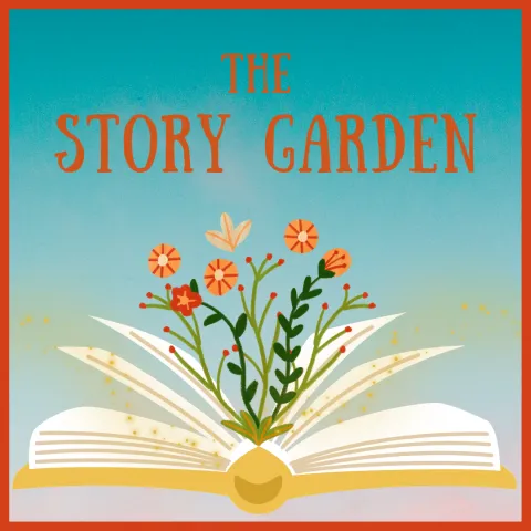Cartoon image of flowers sprouting out of an open book with the words "The Story Garden."