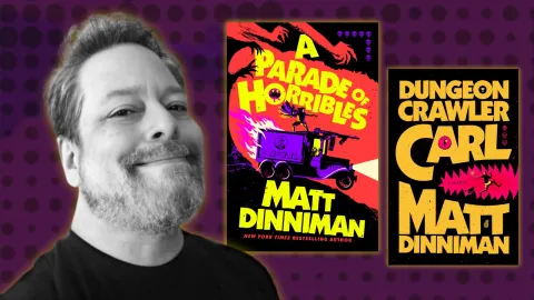 Picture of author Matt Ninniman and book covers for "A Parade of Horribles" and "Dungeon Crawler Carl"