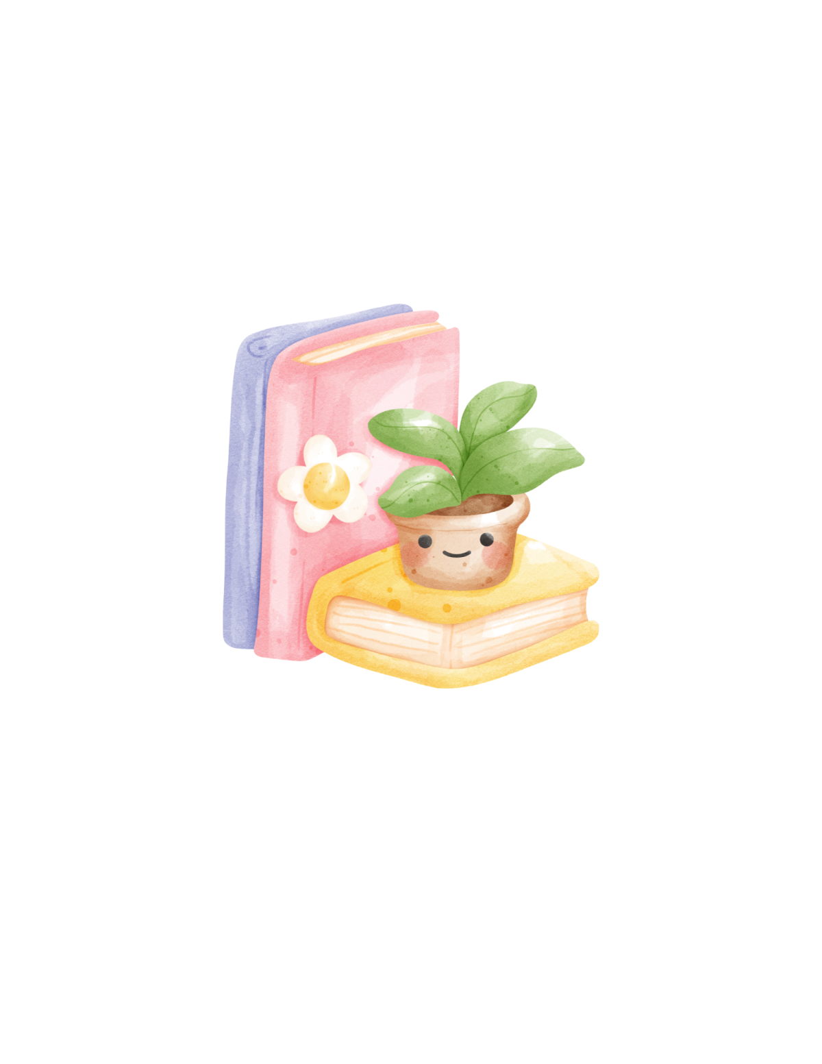 A cute little plant with a smile sits atop a stack of books. 
