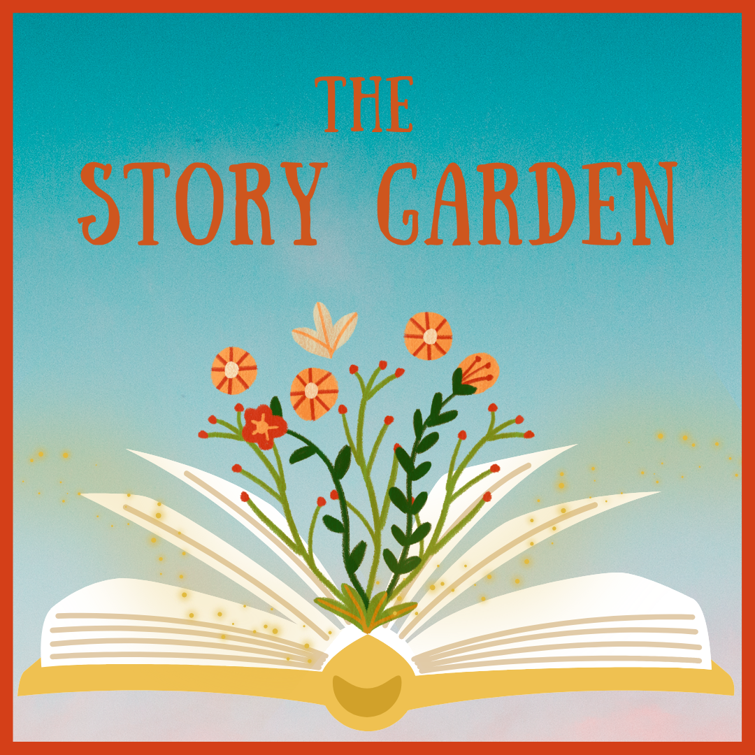 Cartoon image of flowers sprouting out of an open book with the words "The Story Garden."