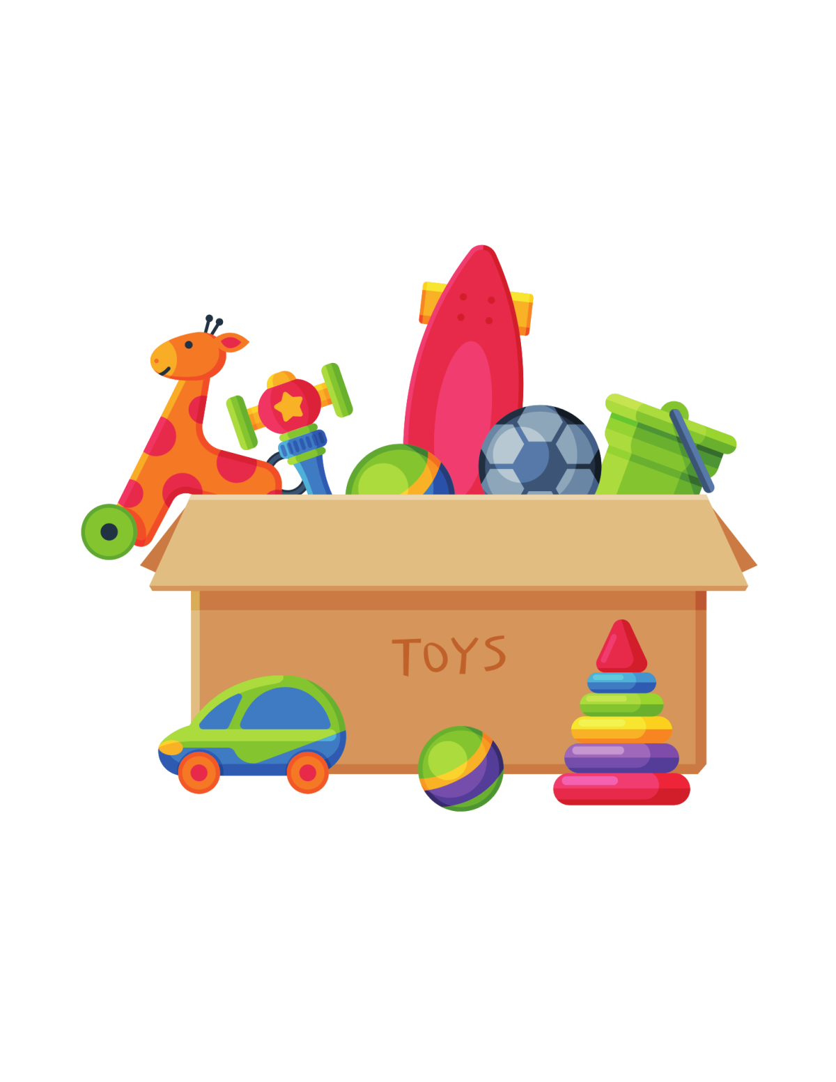 A cardboard box filled with different types of toys. 