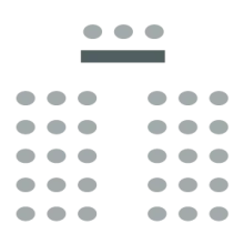 Rows of chairs with a center aisle. Table and chairs for speakers in front facing the room.